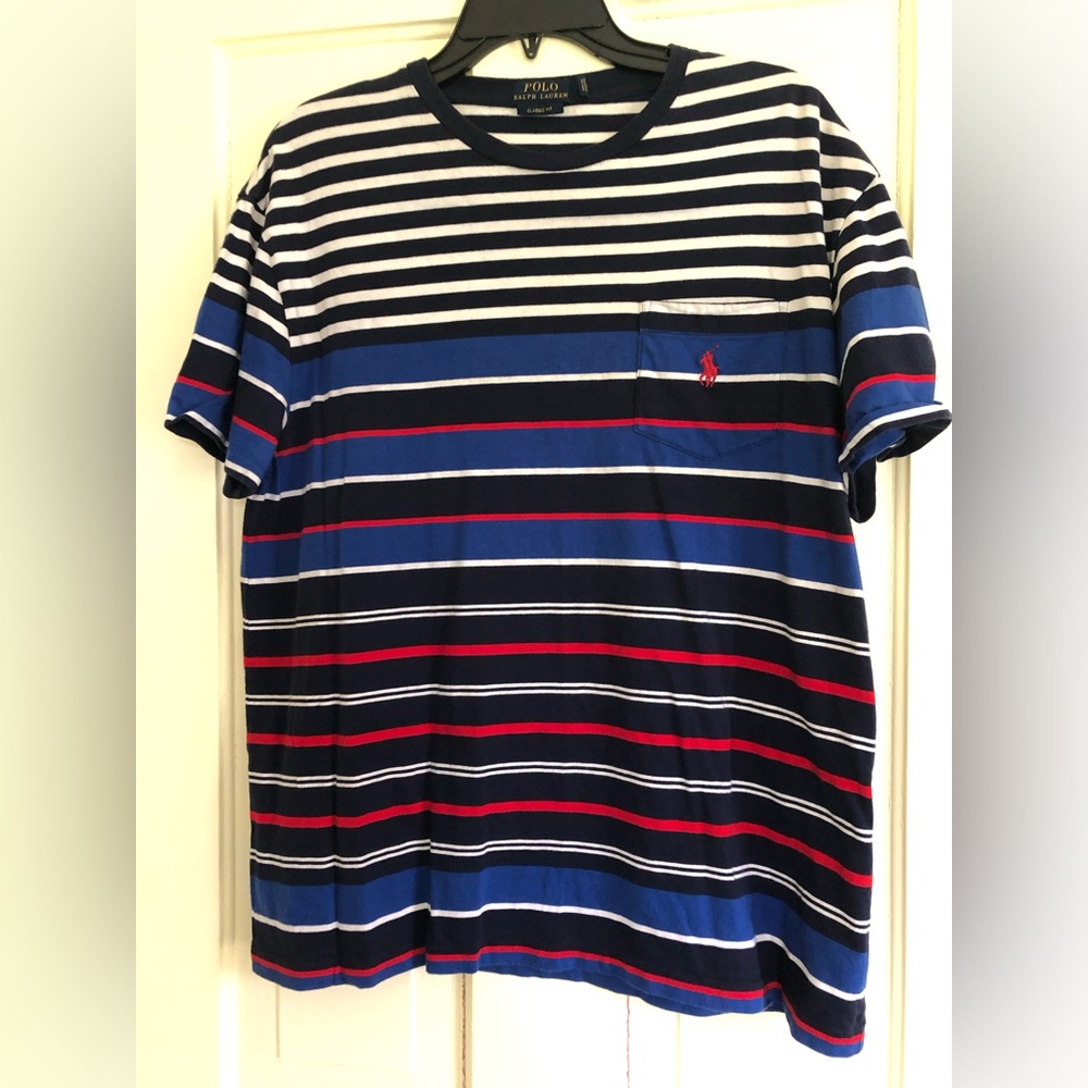 Ralph Lauren Navy, Royal Blue, White & Red Striped Pocket Tee